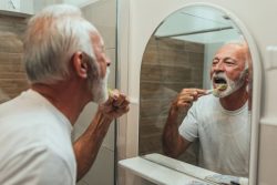 Man brushing teeth as part of cleaning oral appliance in Jupiter