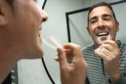 Man in bathroom, preparing to wear his oral appliance