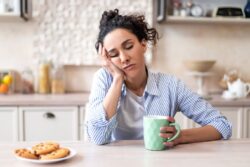 Exhausted woman sitting in her kitchen with a cup of coffee